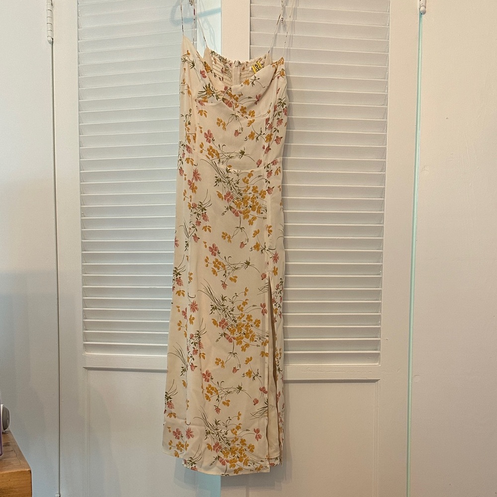 Reformation Spaghetti Strap Dress in Cream with Floral Design and Slit